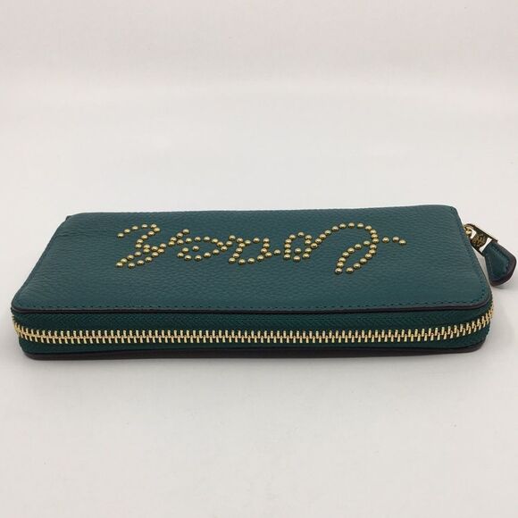 Coach Viridian Green Gold Studded Script Zip Around Wallet Accordion Zip Wallet - Picture 8 of 16